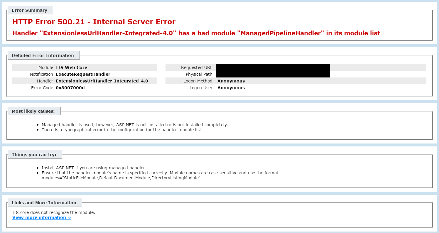 HTTP Error 500.21 - Internal Server Error